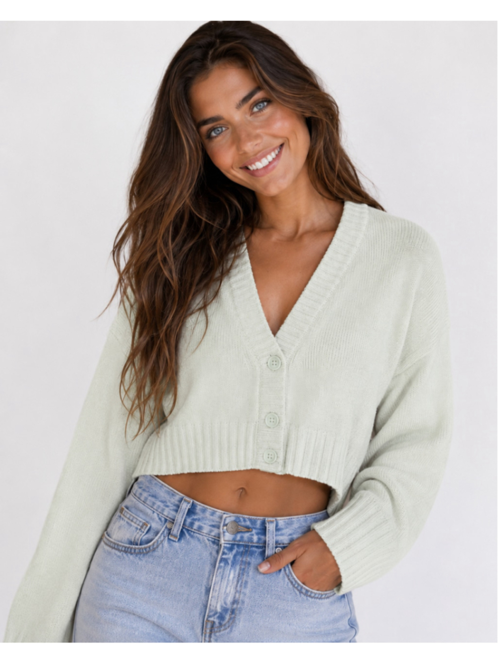 H&M Divided Knit Cropped Cardigan V Neck Button Coastal Preppy Mint Green L Boho